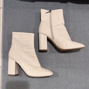 Patent Leather Block Heel Ankle Boots in Beige